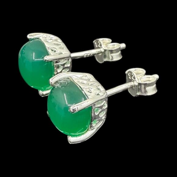 Natural Green Onyx Cabochon Stud Earrings 925 Sterling Silver Handmade - Picture 4 of 5